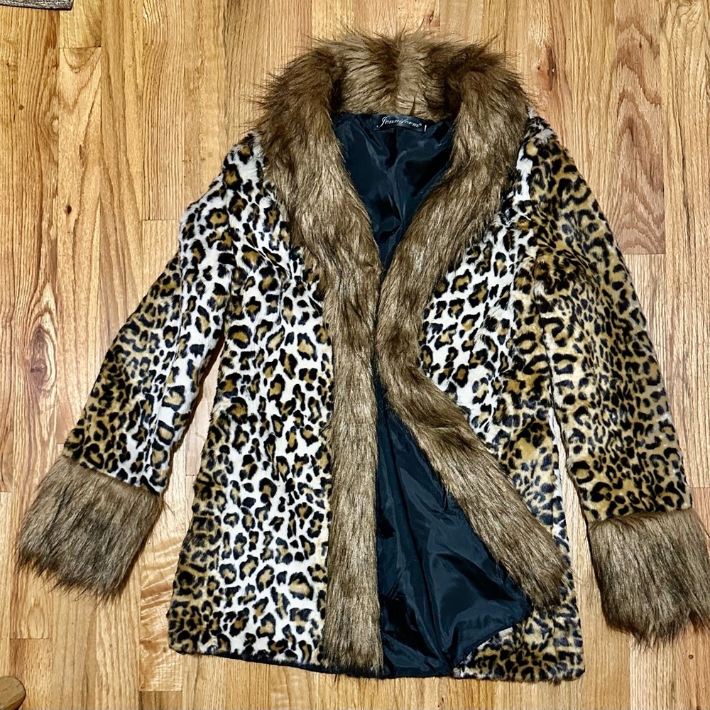 Leopard Print Faux Fur Trench Coat